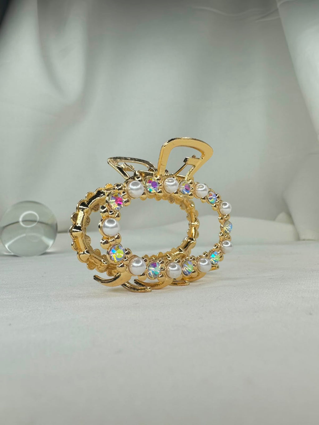 Pack Of 3 Multi Design Golden Pearl & Iridescent Crystal Bow Hair Clip