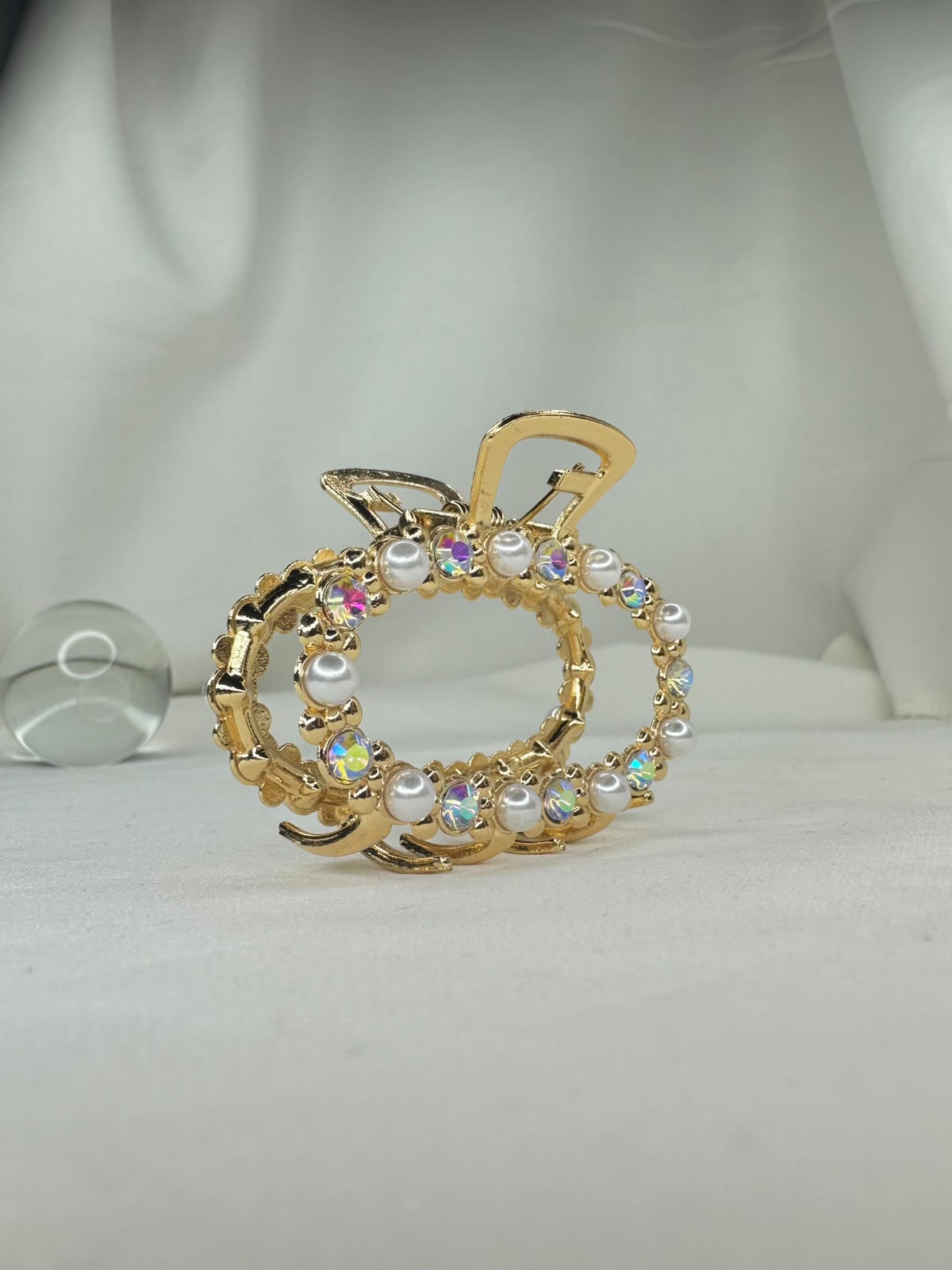Pack Of 3 Multi Design Golden Pearl & Iridescent Crystal Bow Hair Clip