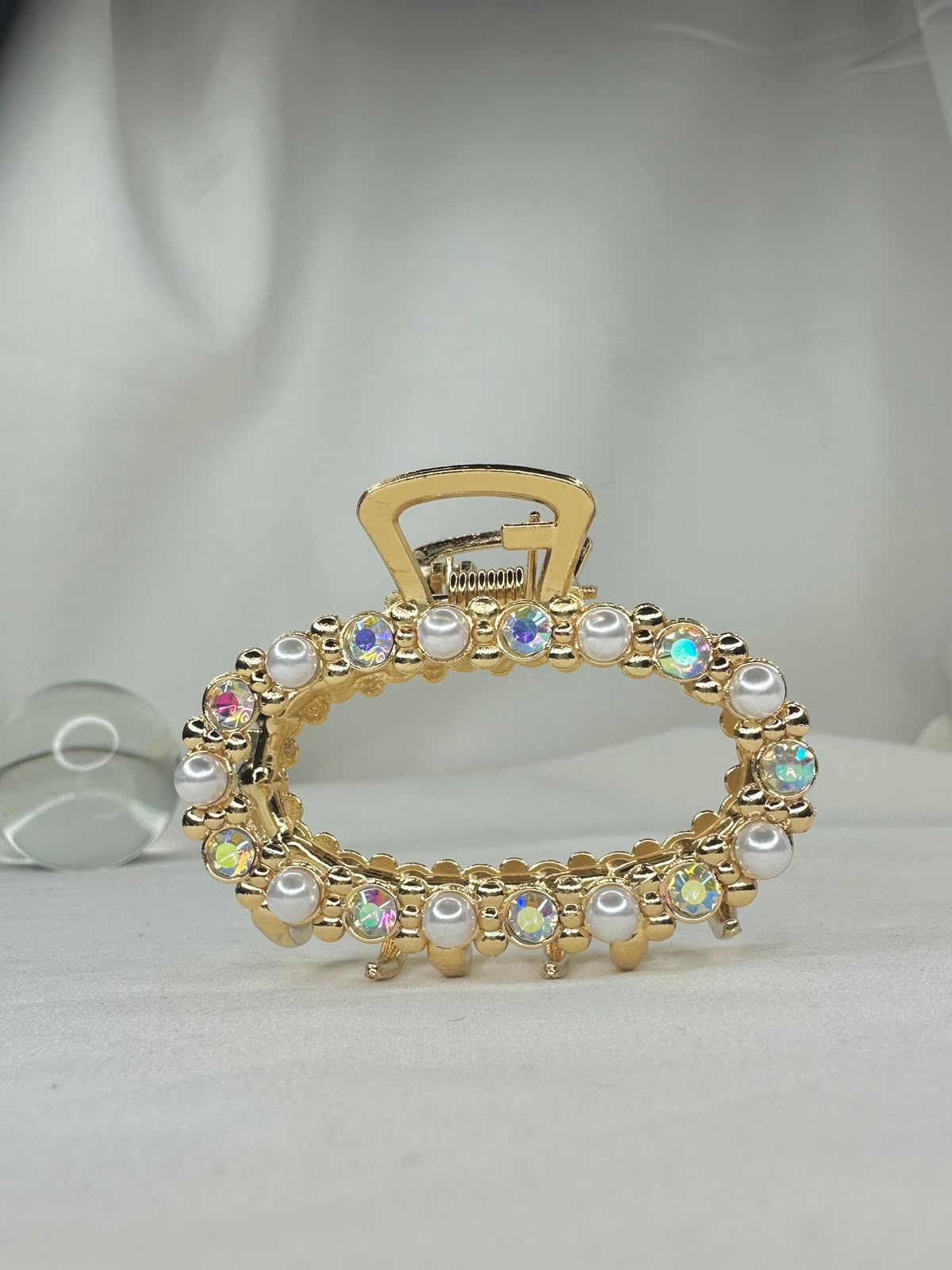 Pack Of 3 Multi Design Golden Pearl & Iridescent Crystal Bow Hair Clip