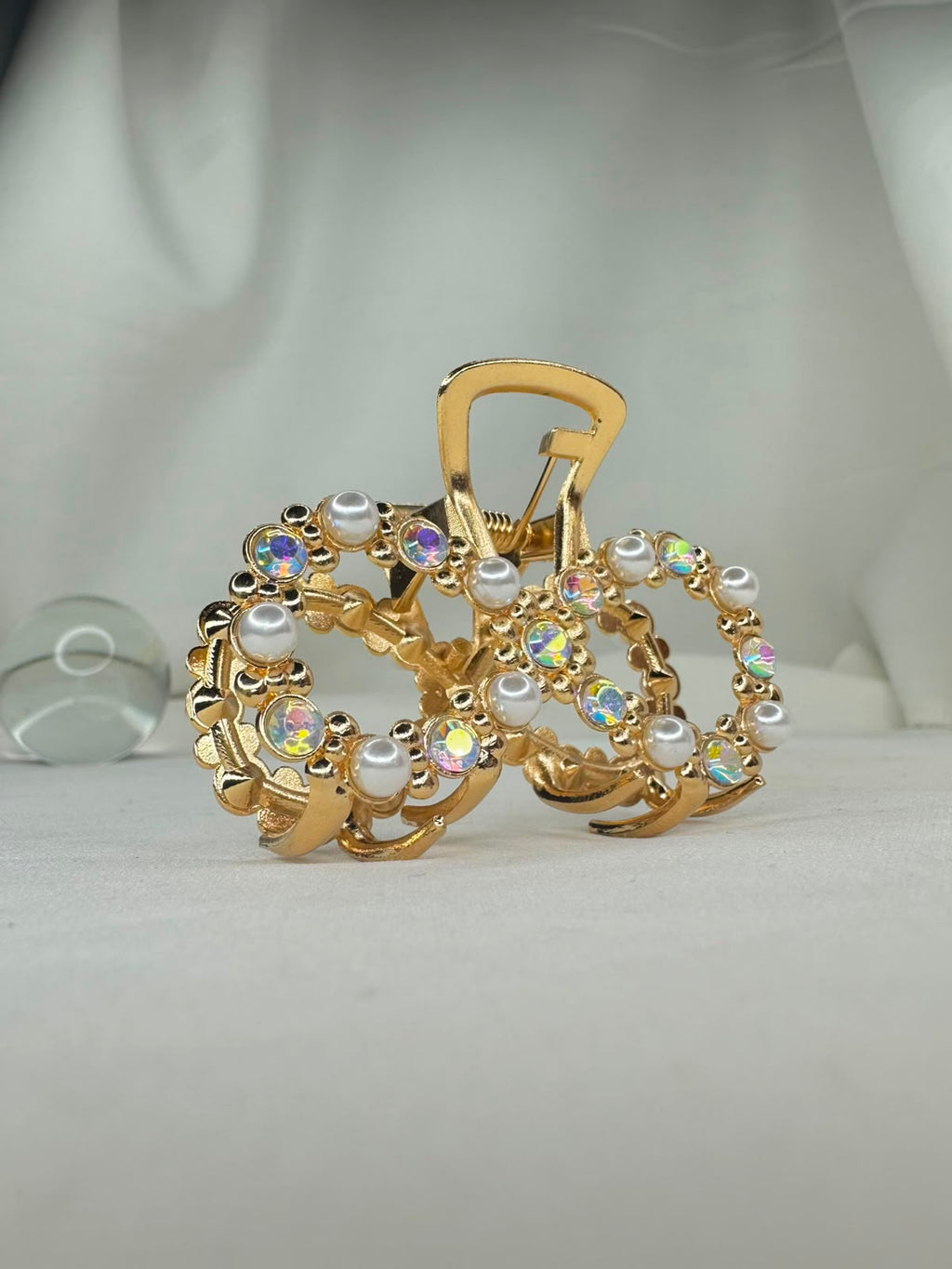 Pack Of 3 Multi Design Golden Pearl & Iridescent Crystal Bow Hair Clip