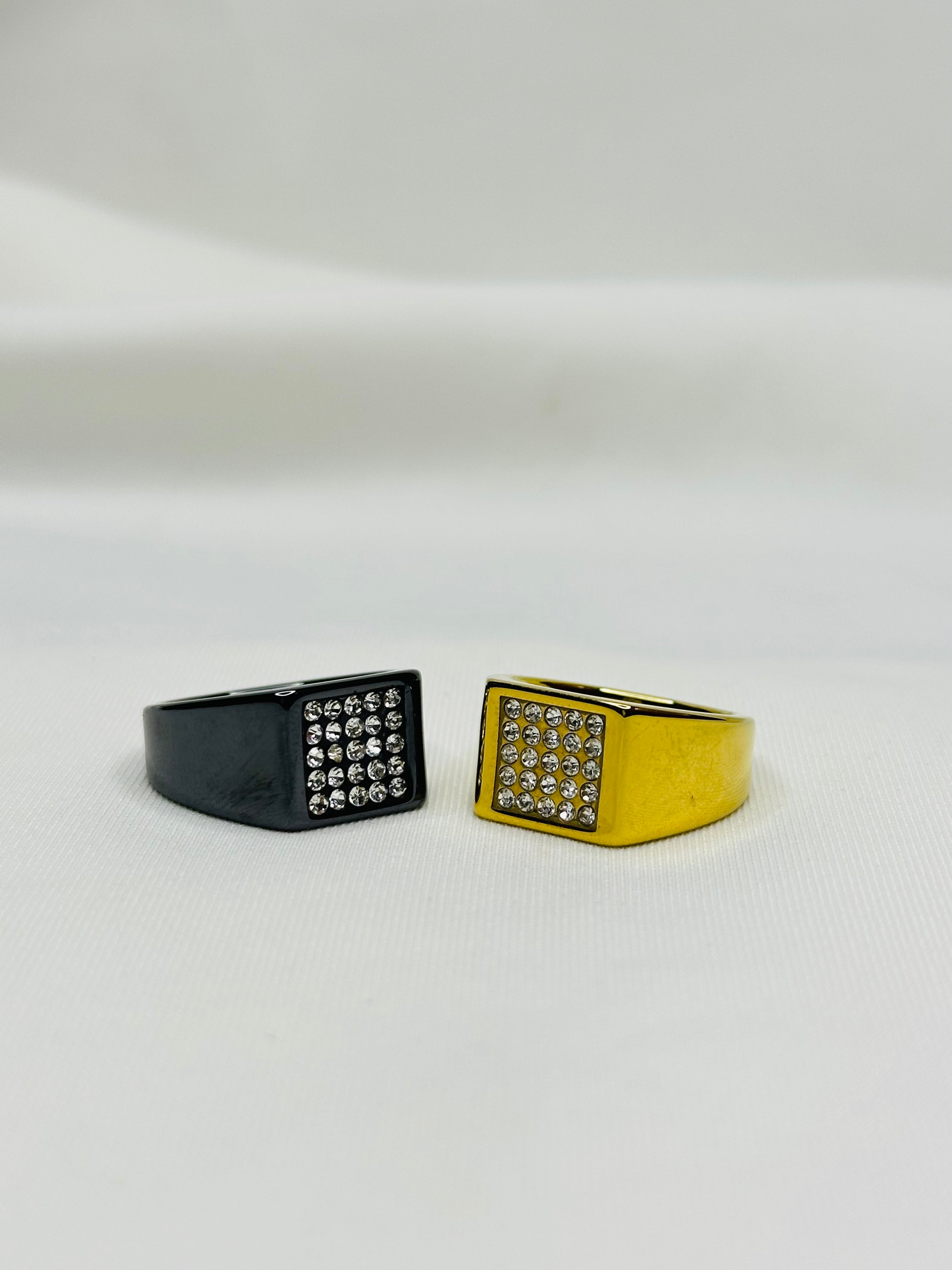 Stainless Steel Gents Square Crystal Ring – Gold Black Size 7 8 9 10