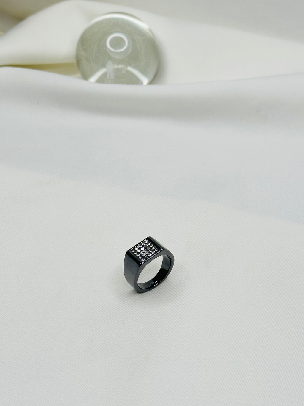 Stainless Steel Gents Square Crystal Ring – Gold Black Size 7 8 9 10