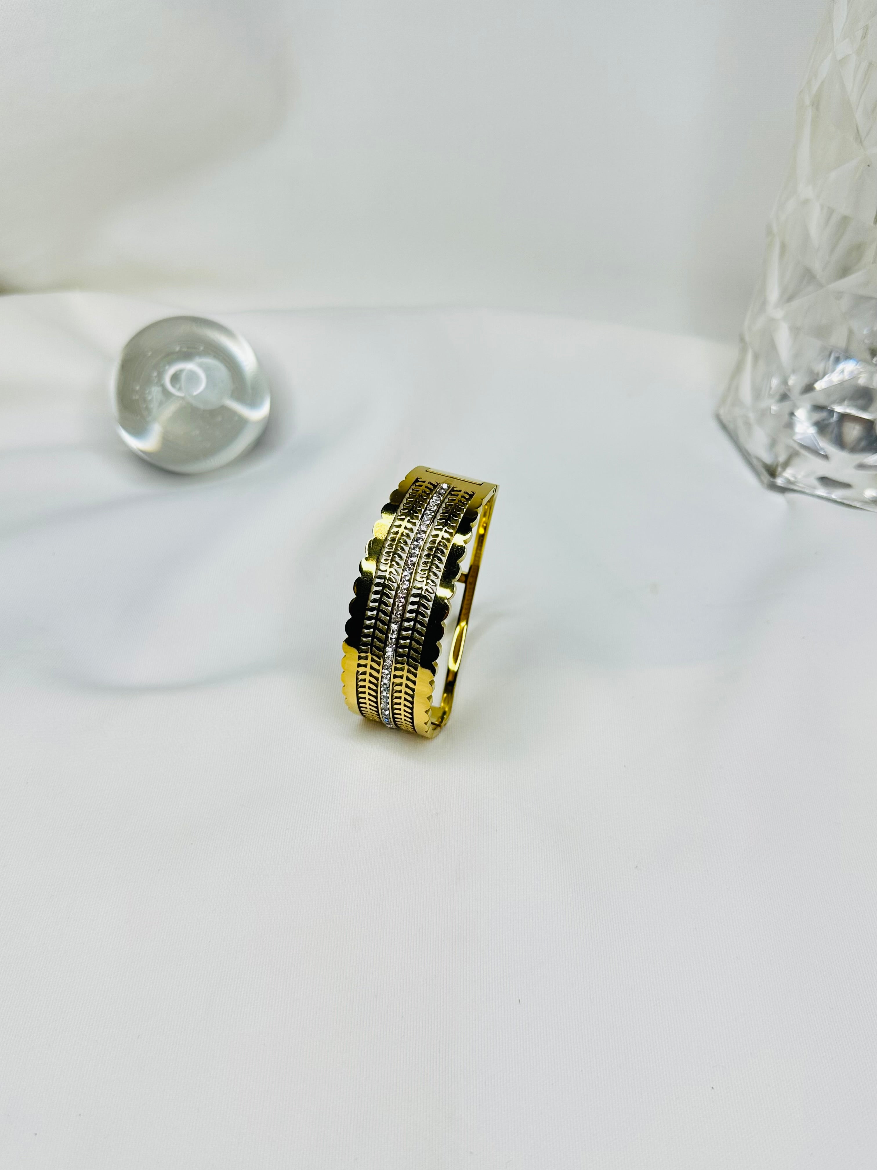 Luxe Gold Stainless Steel Ladies Bangle | Crystal Line Designer Bracelet for Women
