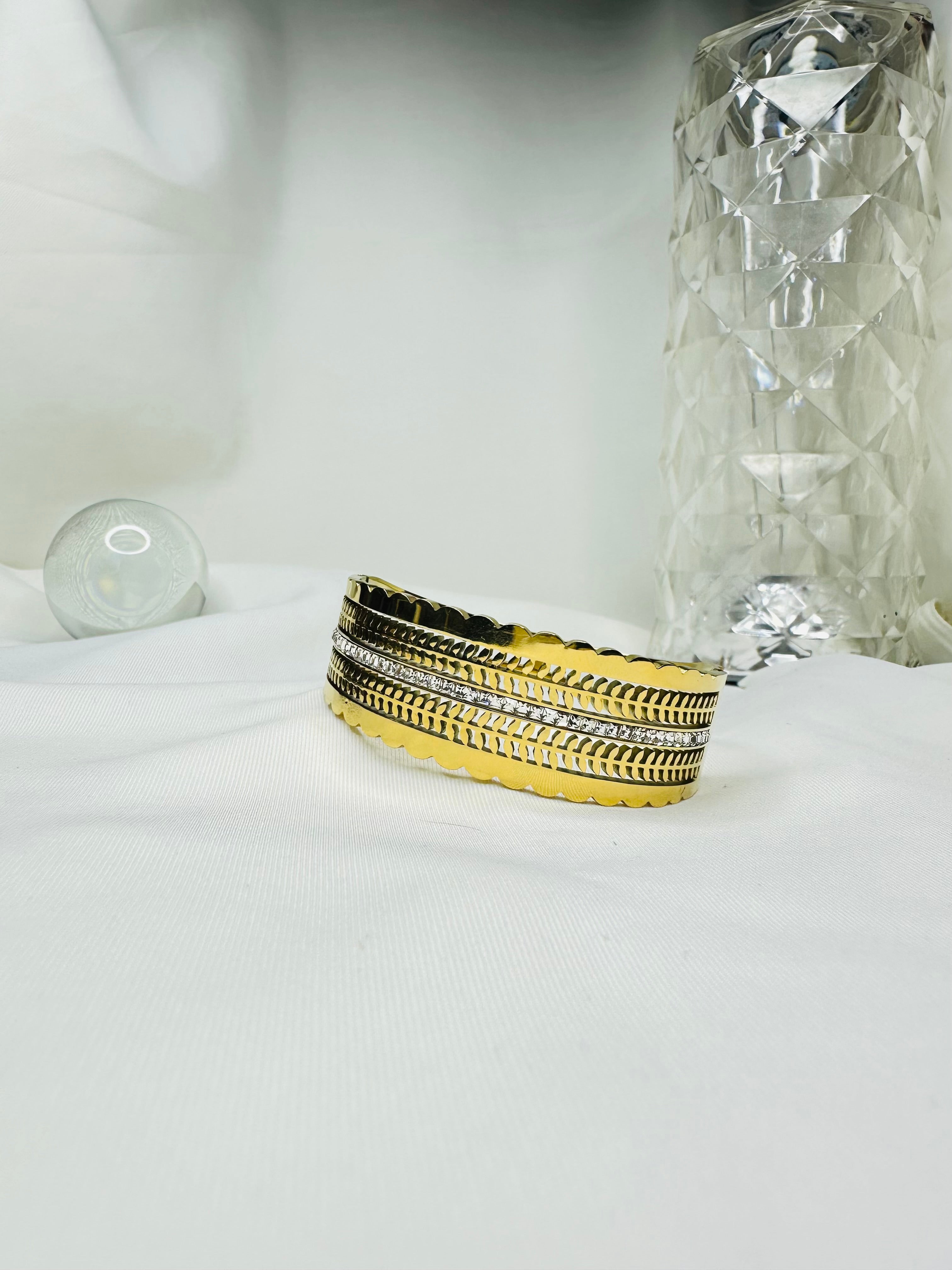 Luxe Gold Stainless Steel Ladies Bangle | Crystal Line Designer Bracelet for Women