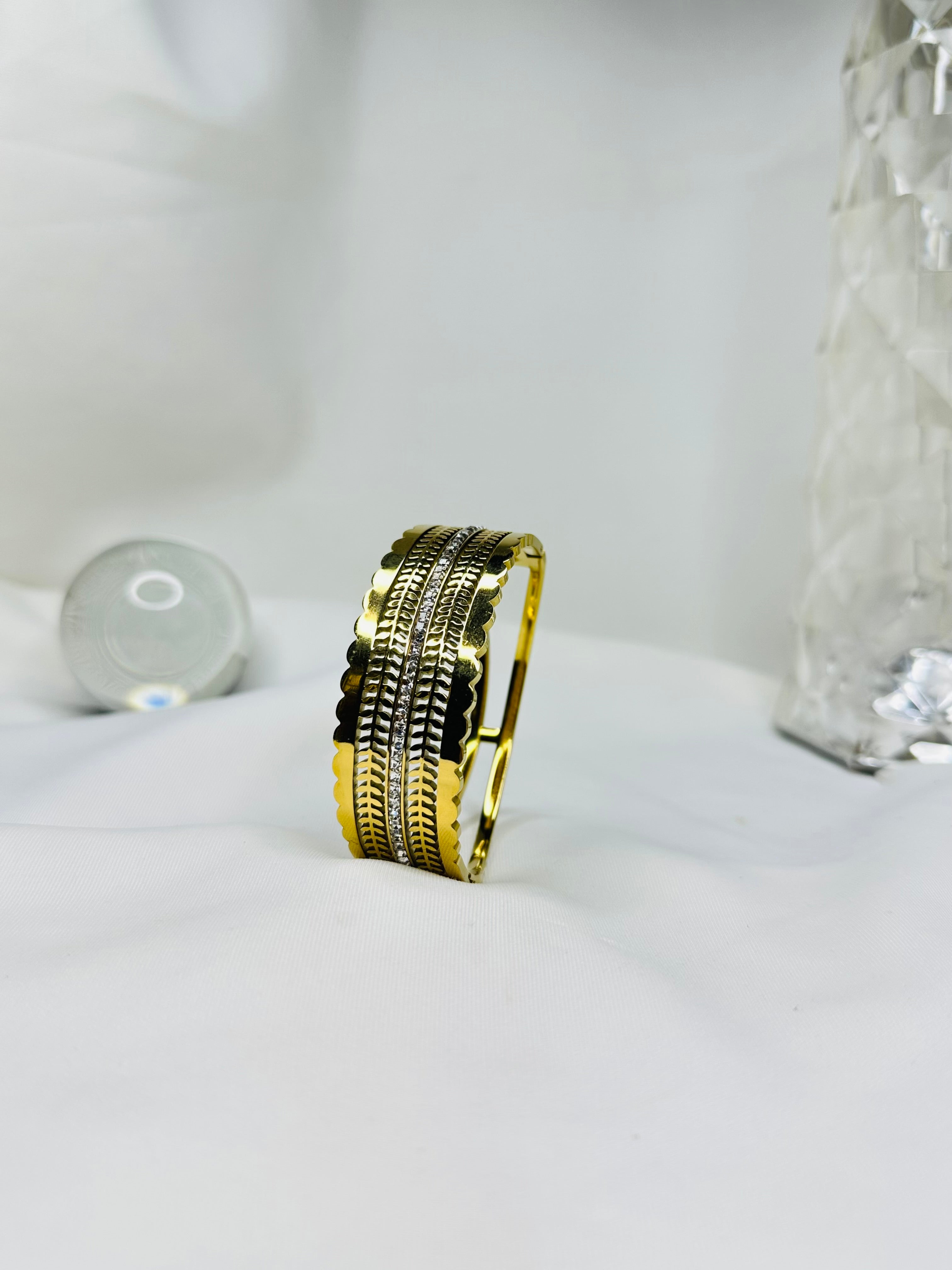 Luxe Gold Stainless Steel Ladies Bangle | Crystal Line Designer Bracelet for Women