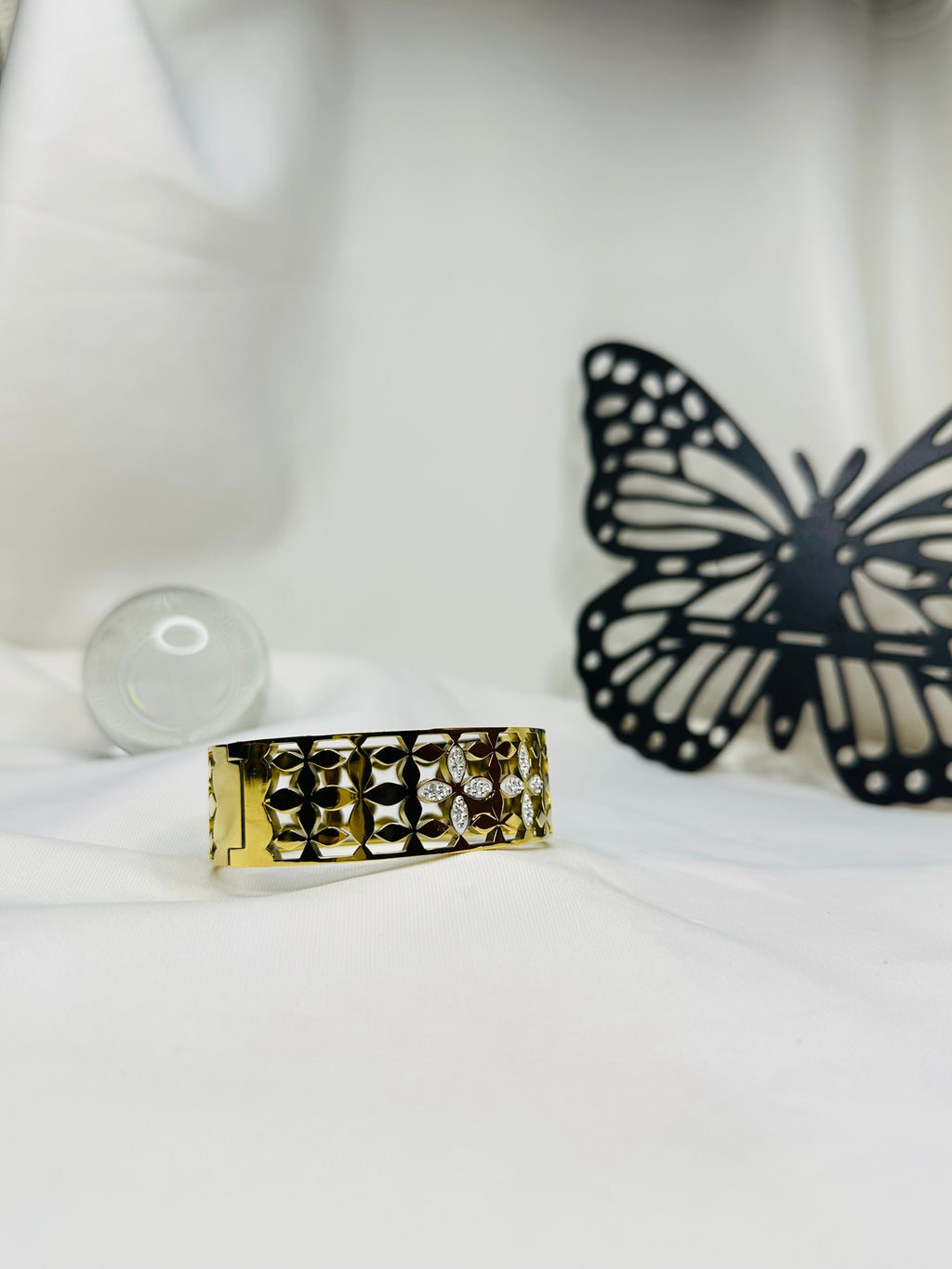Golden Blossom Gold Plated Stainless Steel Bangle for Women | Crystal Flower Designer Bracelet