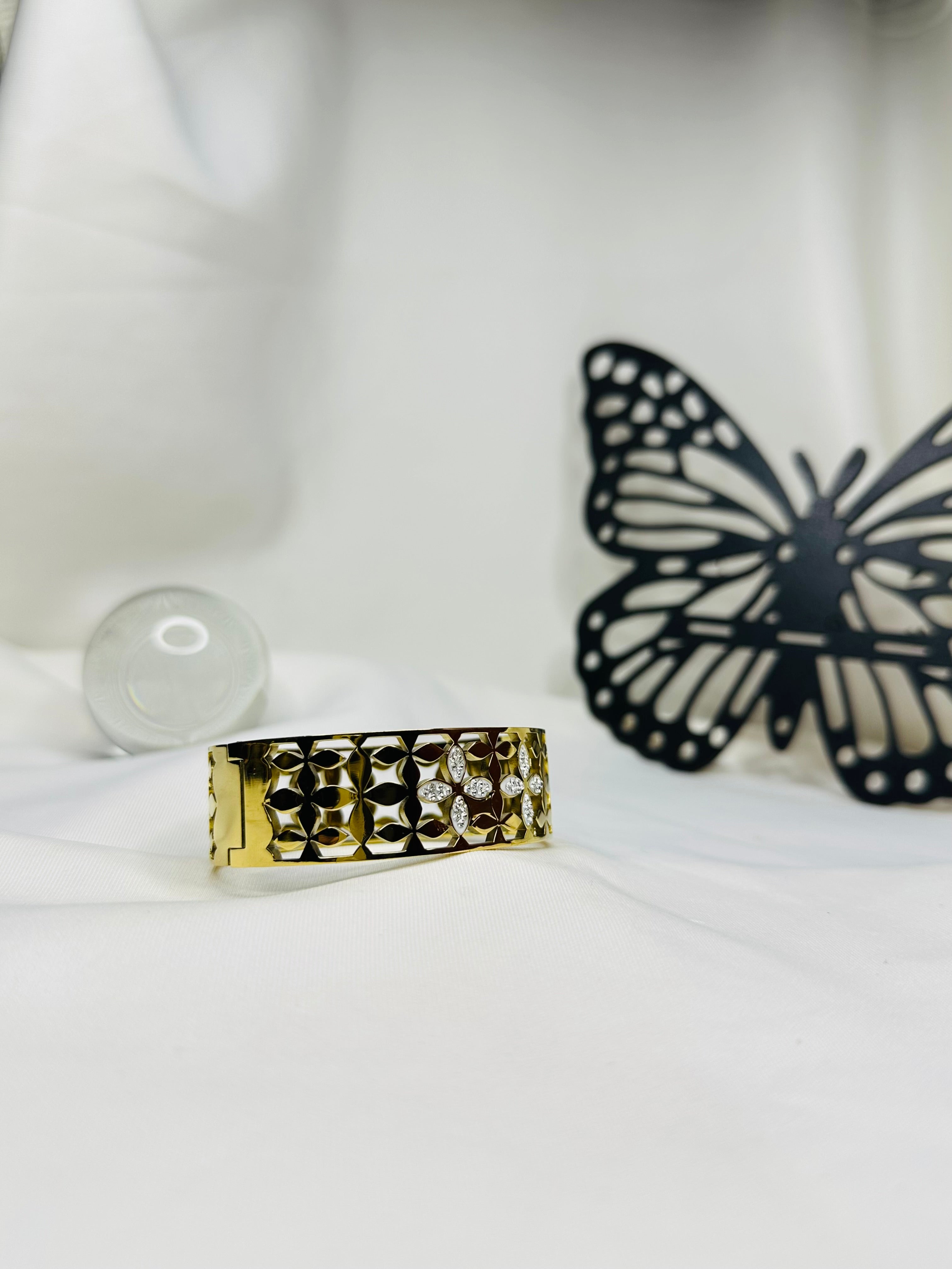 Golden Blossom Gold Plated Stainless Steel Bangle for Women | Crystal Flower Designer Bracelet
