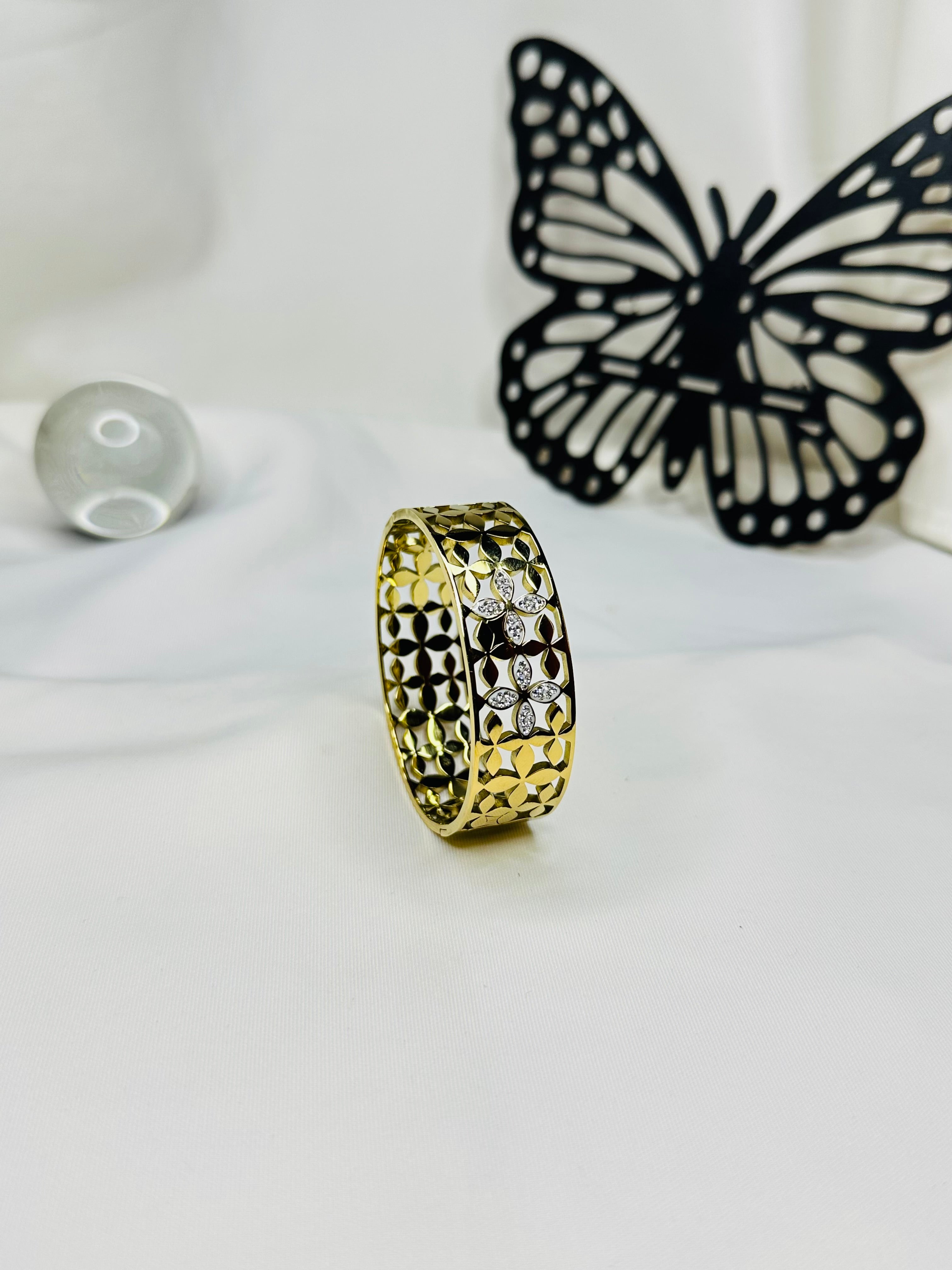 Golden Blossom Gold Plated Stainless Steel Bangle for Women | Crystal Flower Designer Bracelet