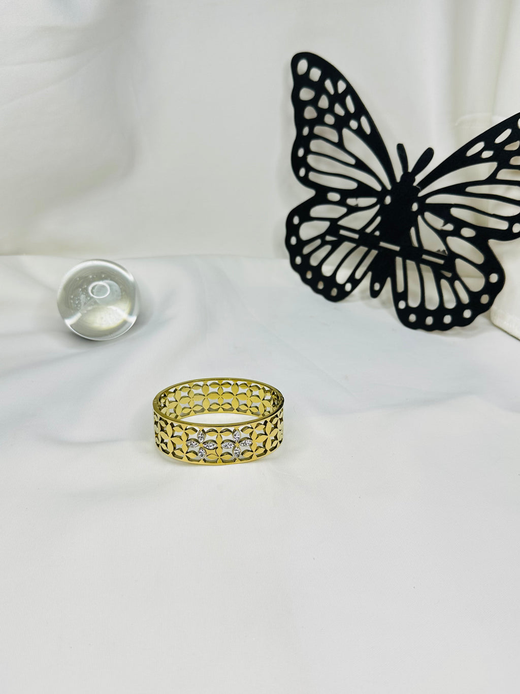 Golden Blossom Gold Plated Stainless Steel Bangle for Women | Crystal Flower Designer Bracelet