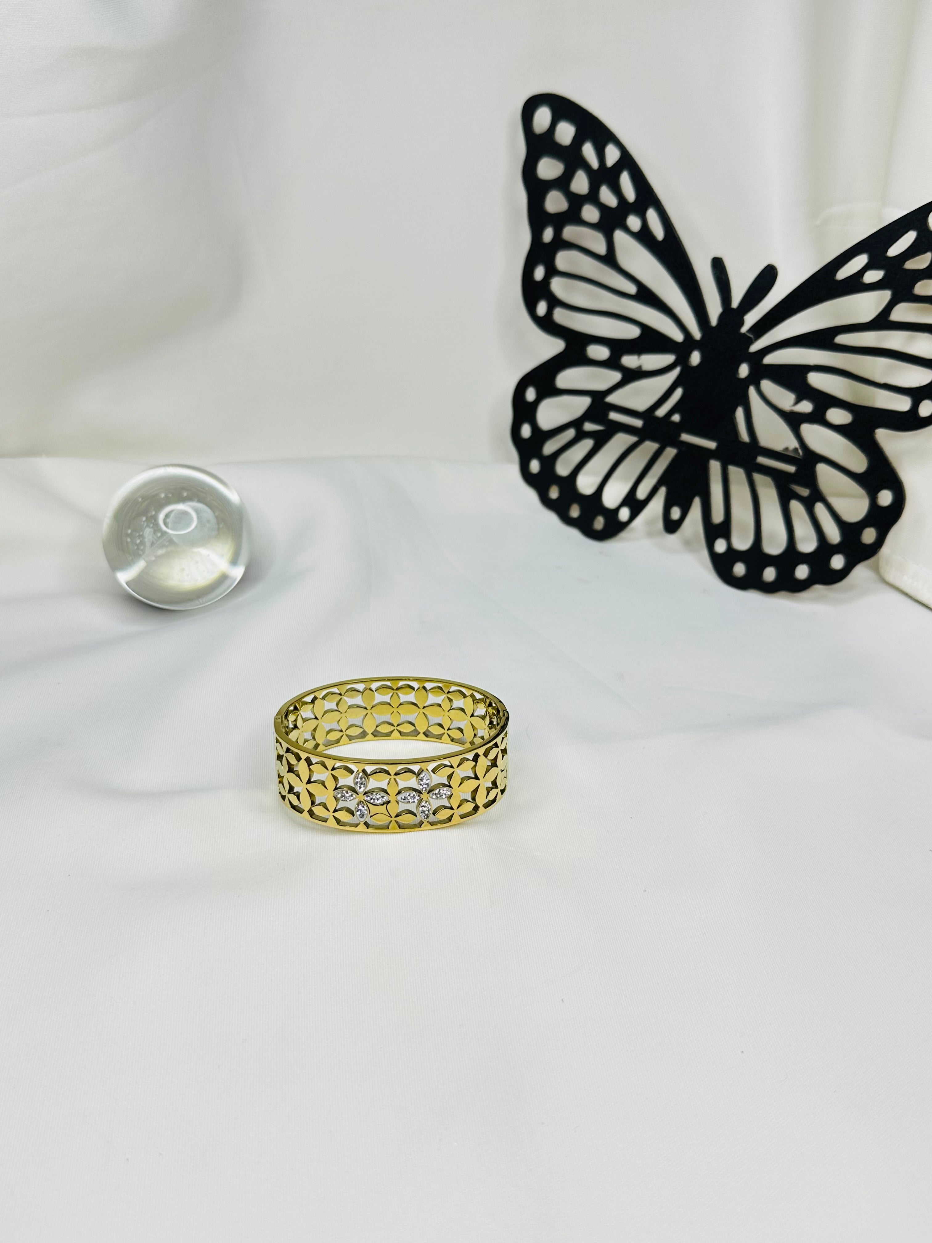 Golden Blossom Gold Plated Stainless Steel Bangle for Women | Crystal Flower Designer Bracelet