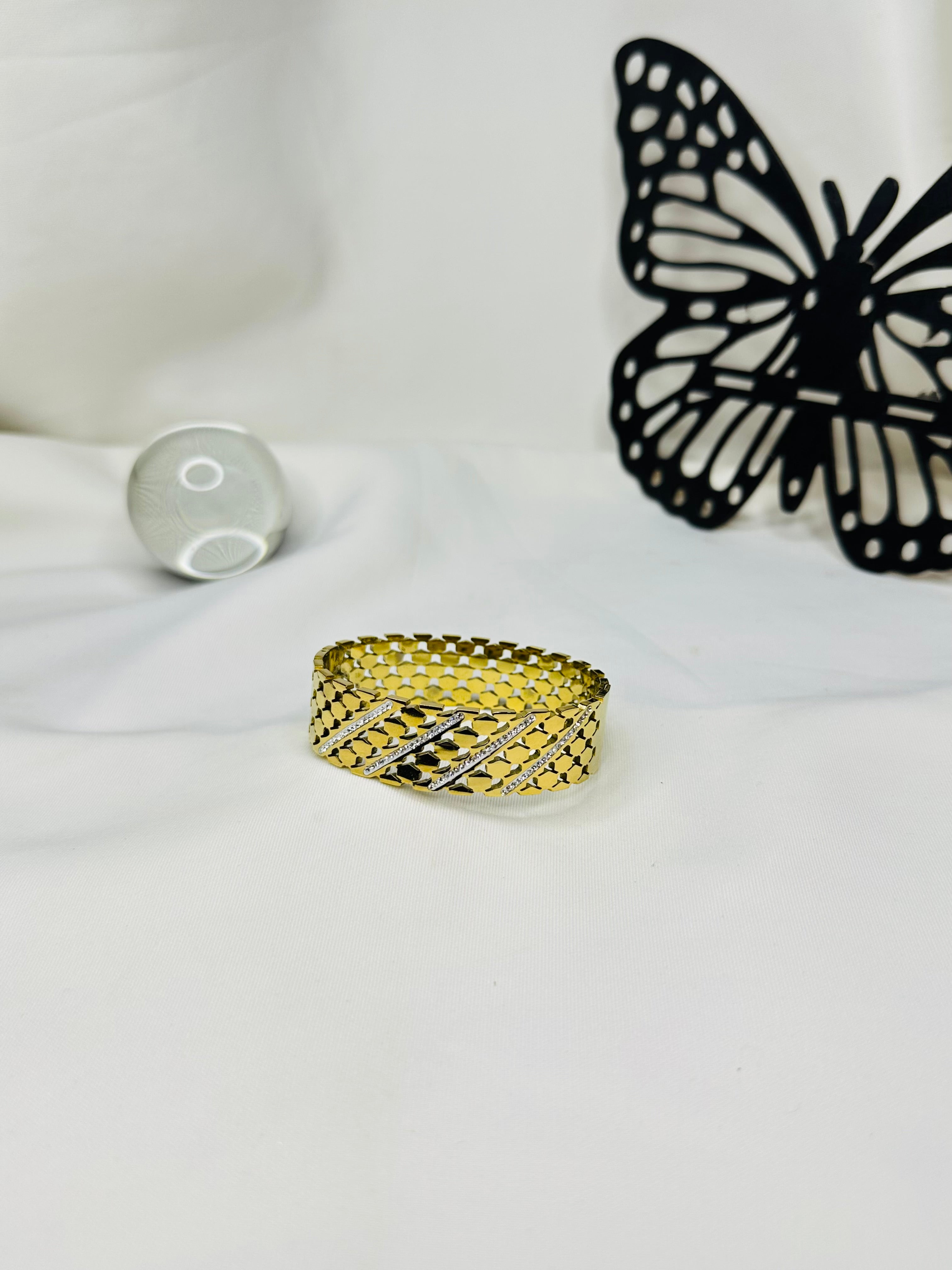 Luxe Criss-Cross Gold Plated Stainless Steel Bangle for Women | Crystal Designer Bracelet