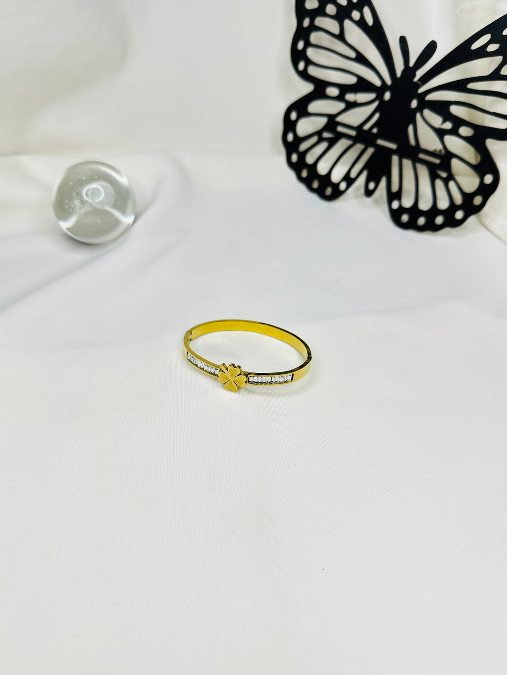 Bloom Charm Gold Plated Stainless Steel Bangle for Women | Crystal Flower Bracelet