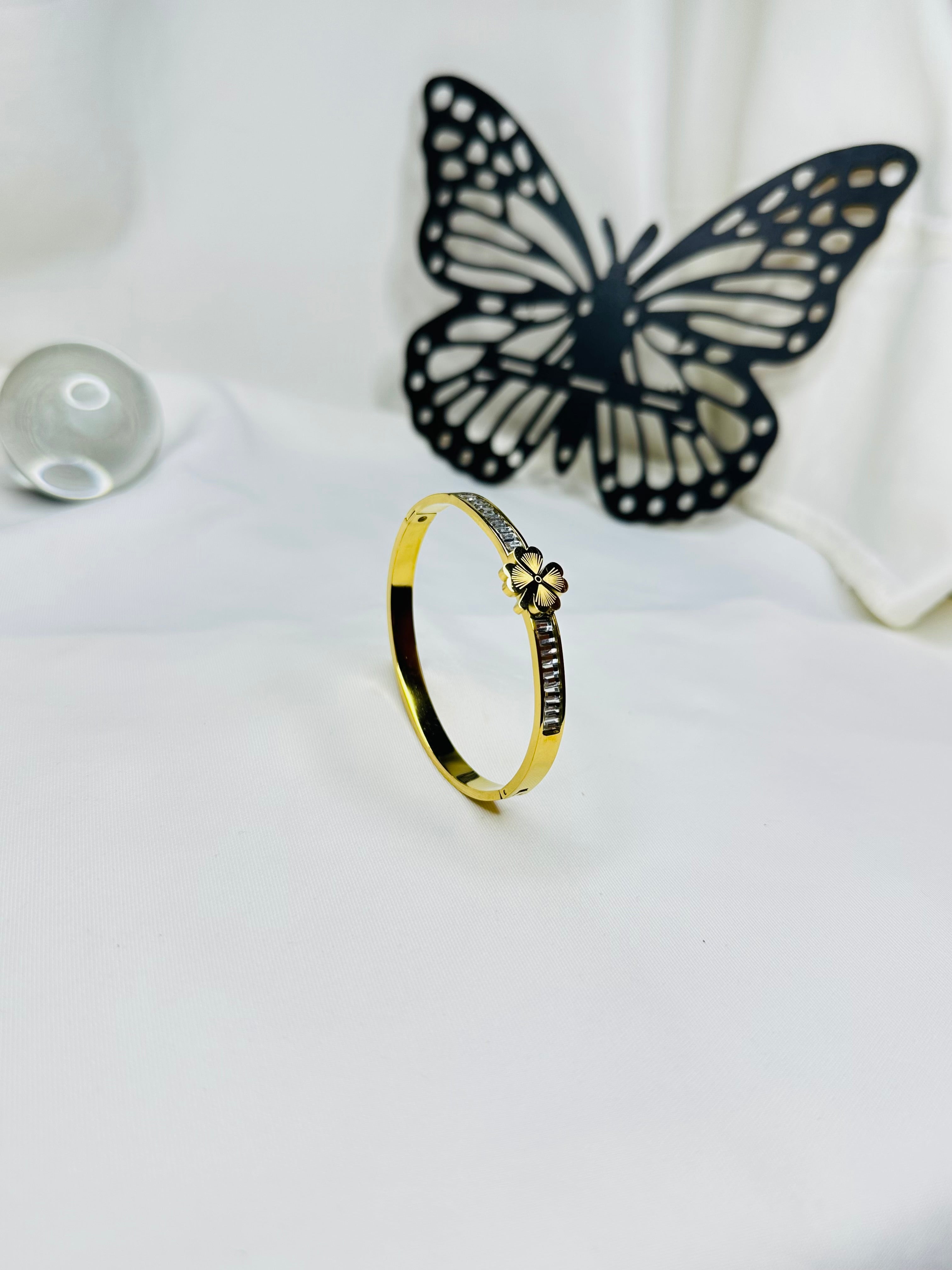 Bloom Charm Gold Plated Stainless Steel Bangle for Women | Crystal Flower Bracelet