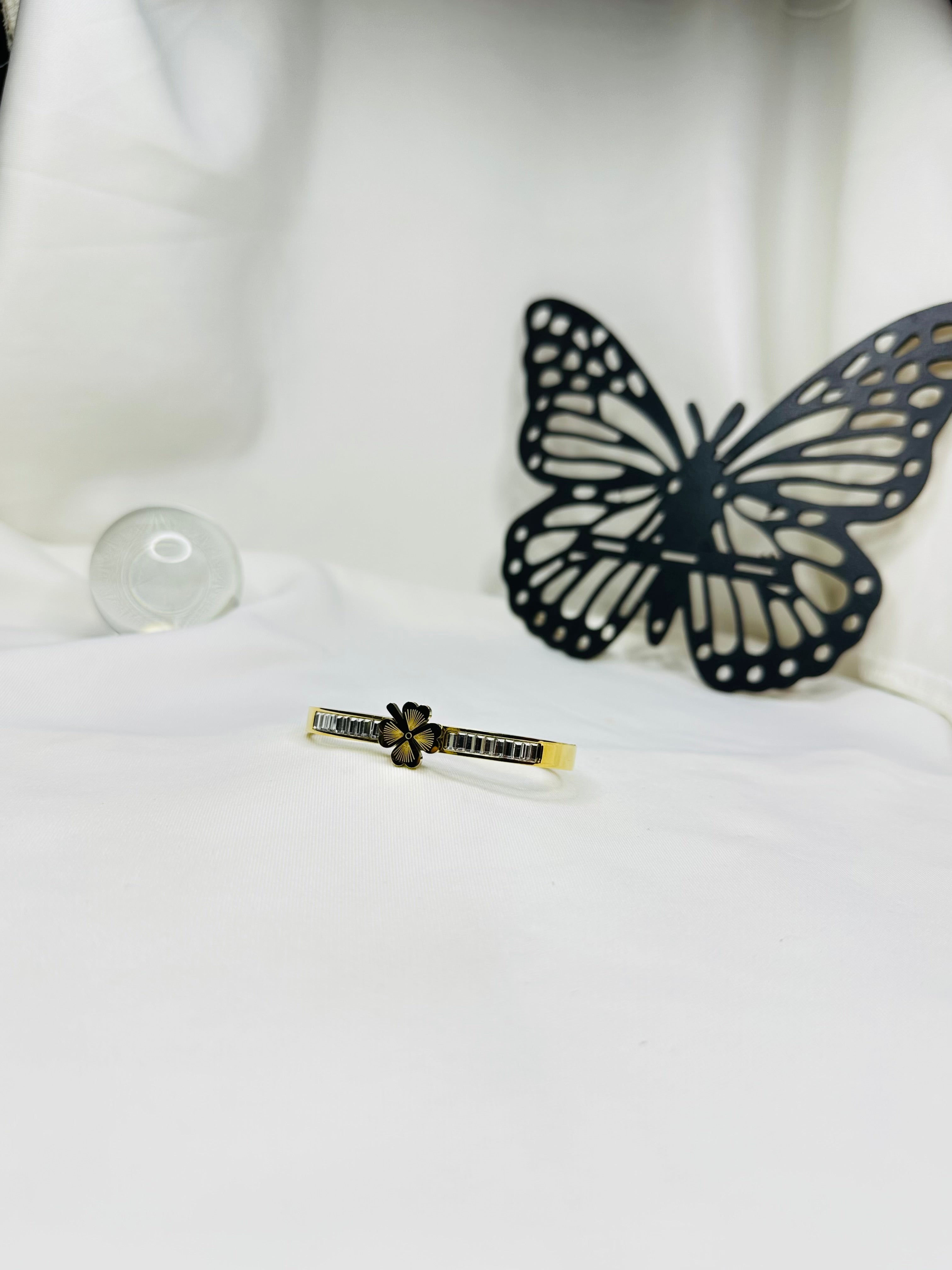 Bloom Charm Gold Plated Stainless Steel Bangle for Women | Crystal Flower Bracelet