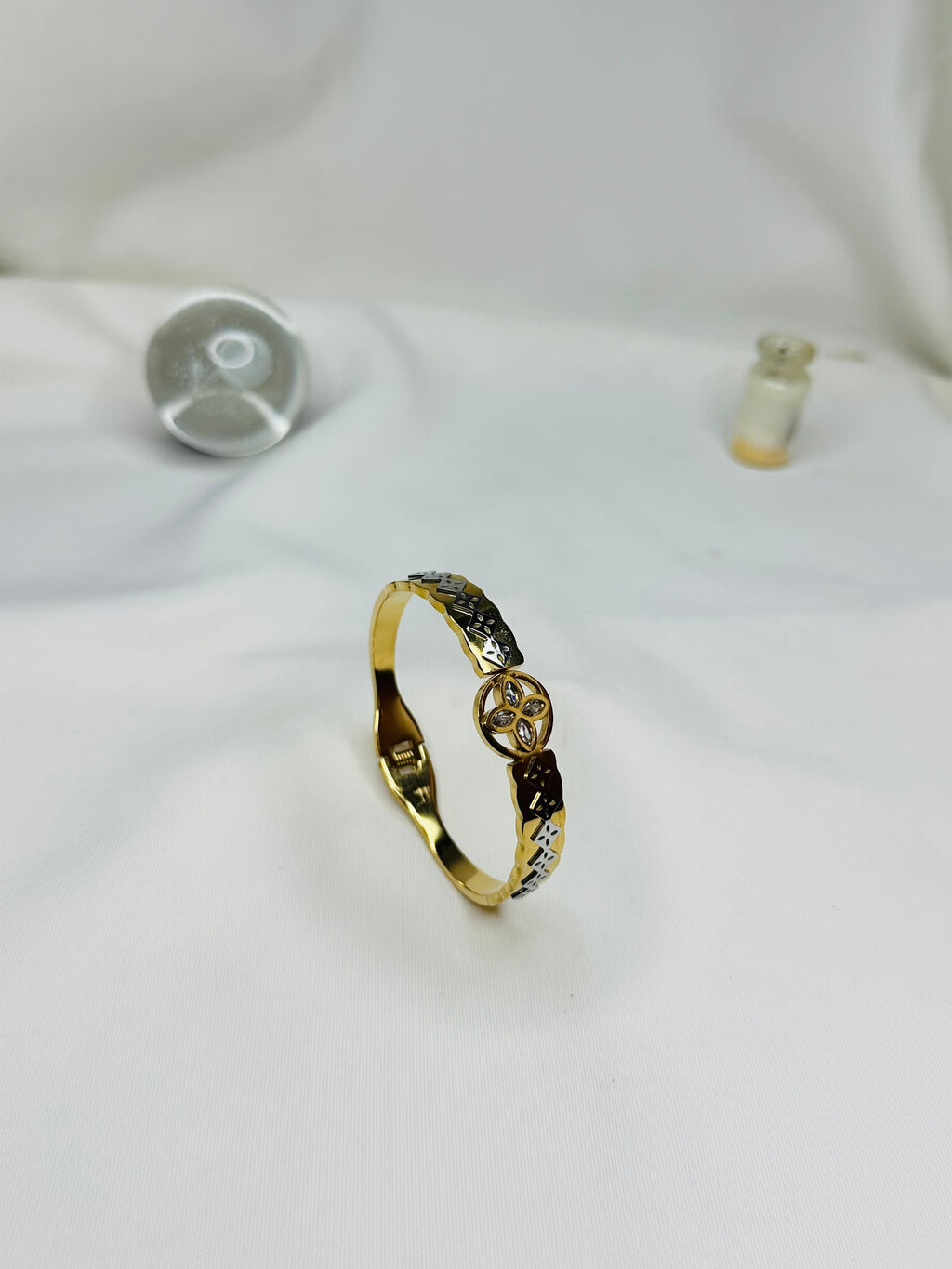 Luna Clover Gold Plated Stainless Steel Bangle for Women | Crystal Clover Designer Bracelet