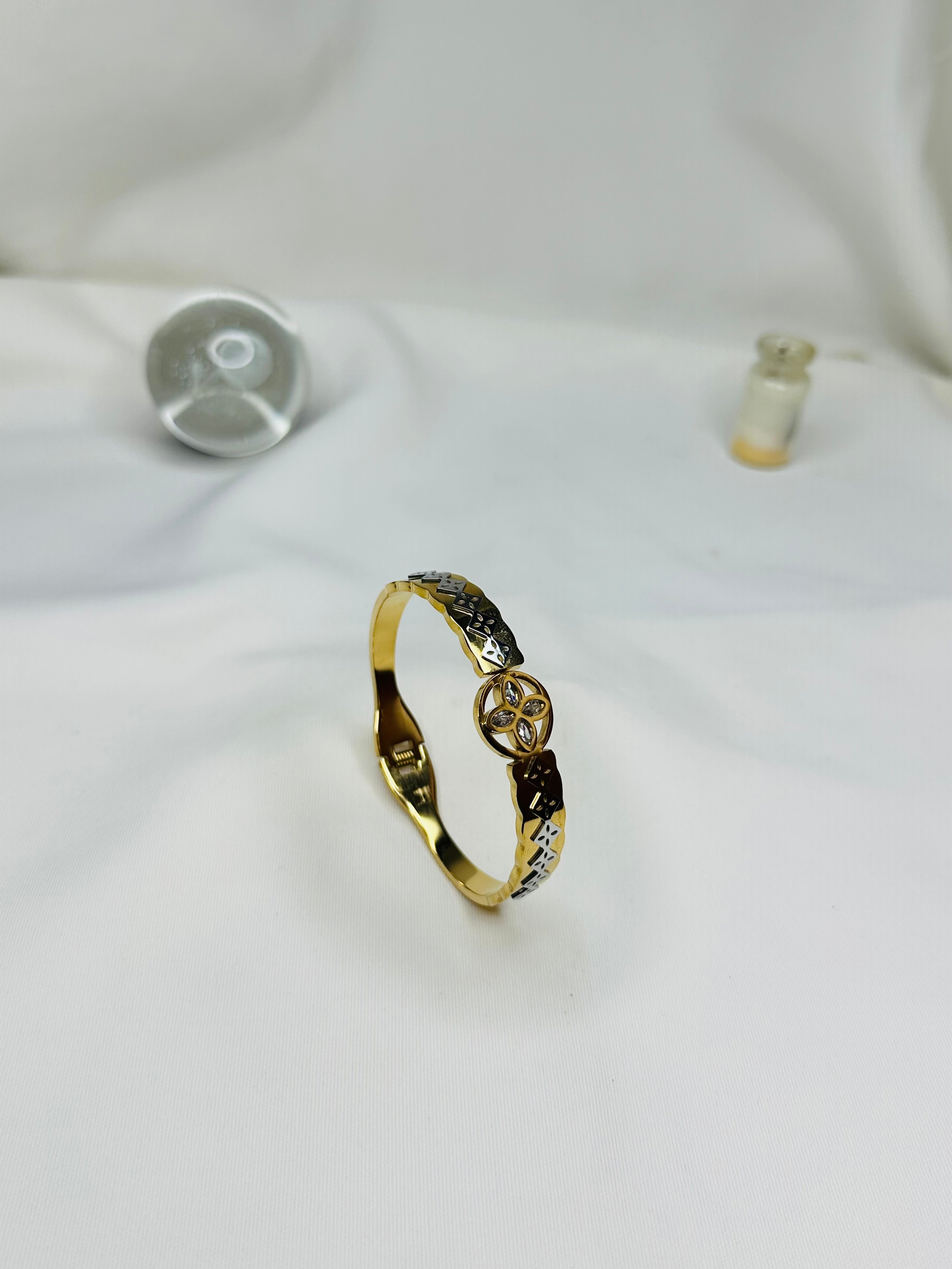 Luna Clover Gold Plated Stainless Steel Bangle for Women | Crystal Clover Designer Bracelet