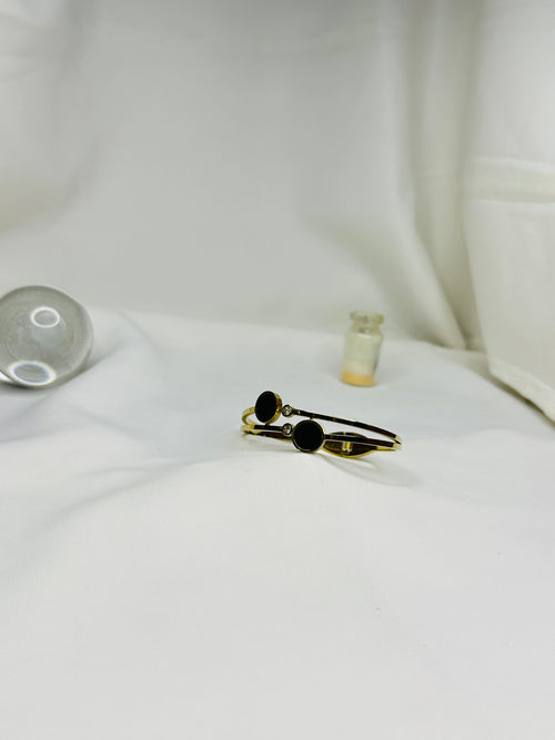 Dual Circle Black Onyx Gold Bangle - Premium Statement Bracelet