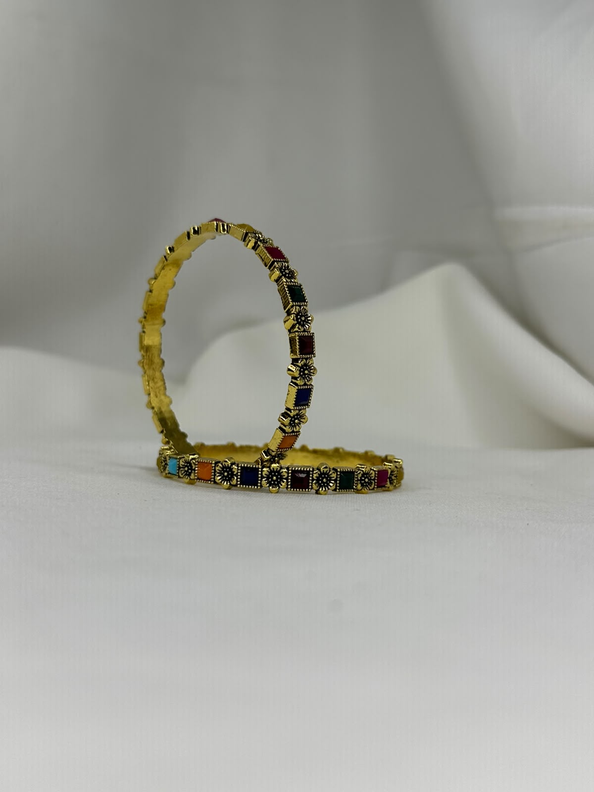 Multicolor Resin Inlaid Antique Gold Bangles or Navratna Style Square Stone Bangles