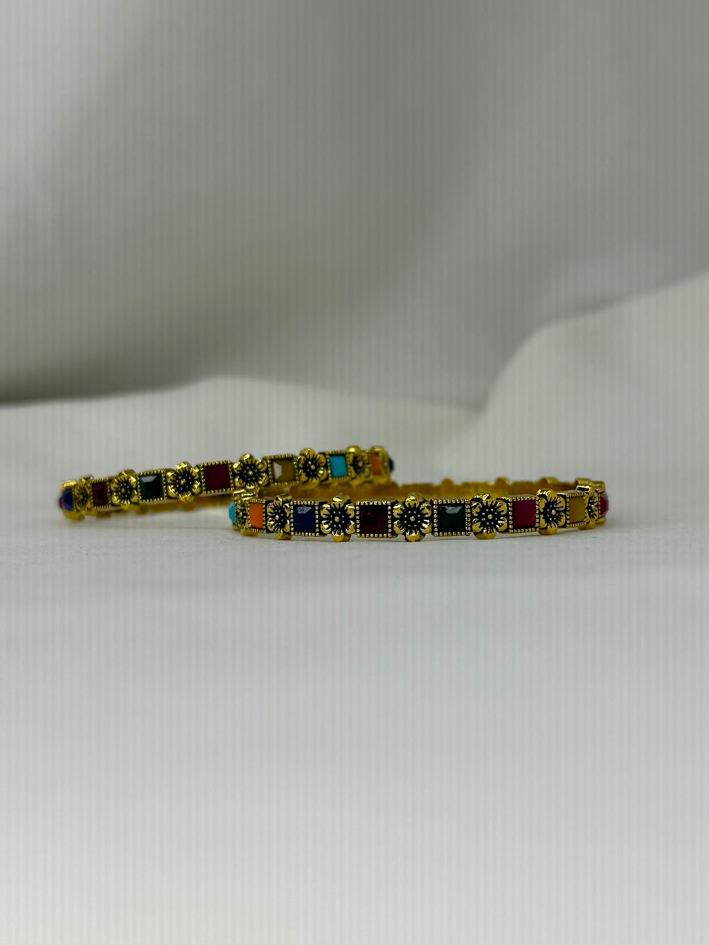 Multicolor Resin Inlaid Antique Gold Bangles or Navratna Style Square Stone Bangles