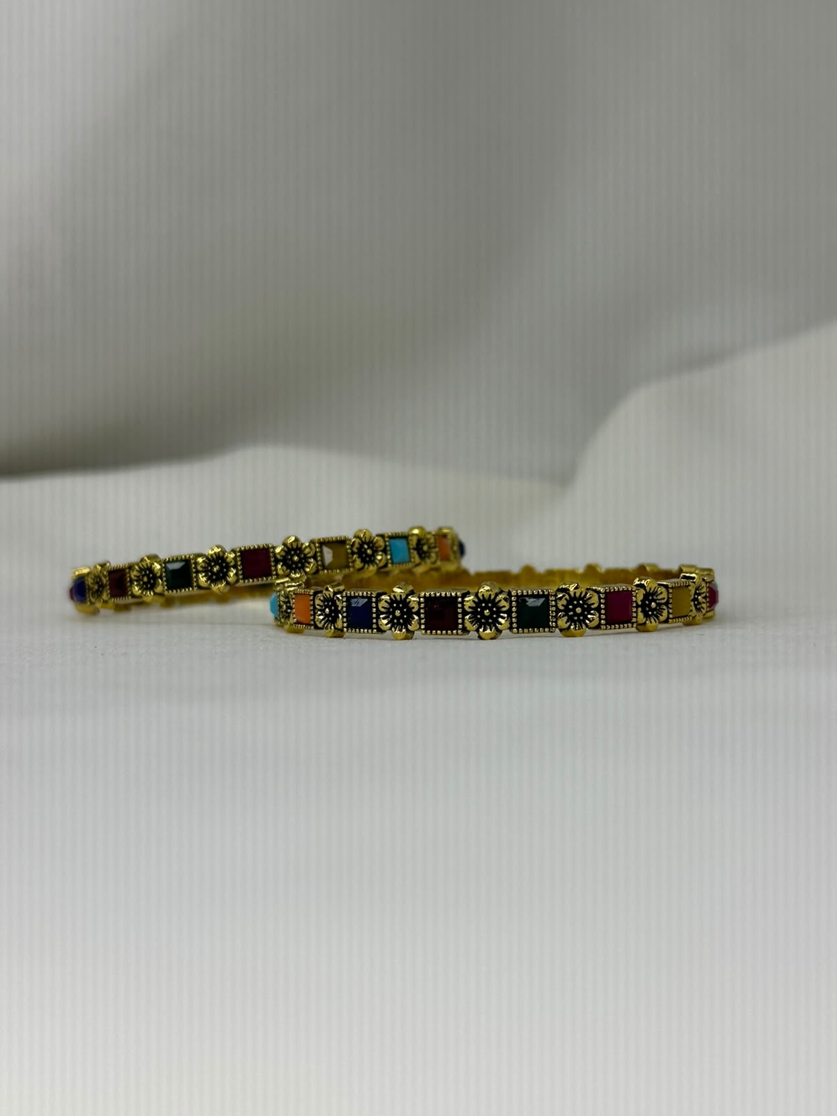 Multicolor Resin Inlaid Antique Gold Bangles or Navratna Style Square Stone Bangles