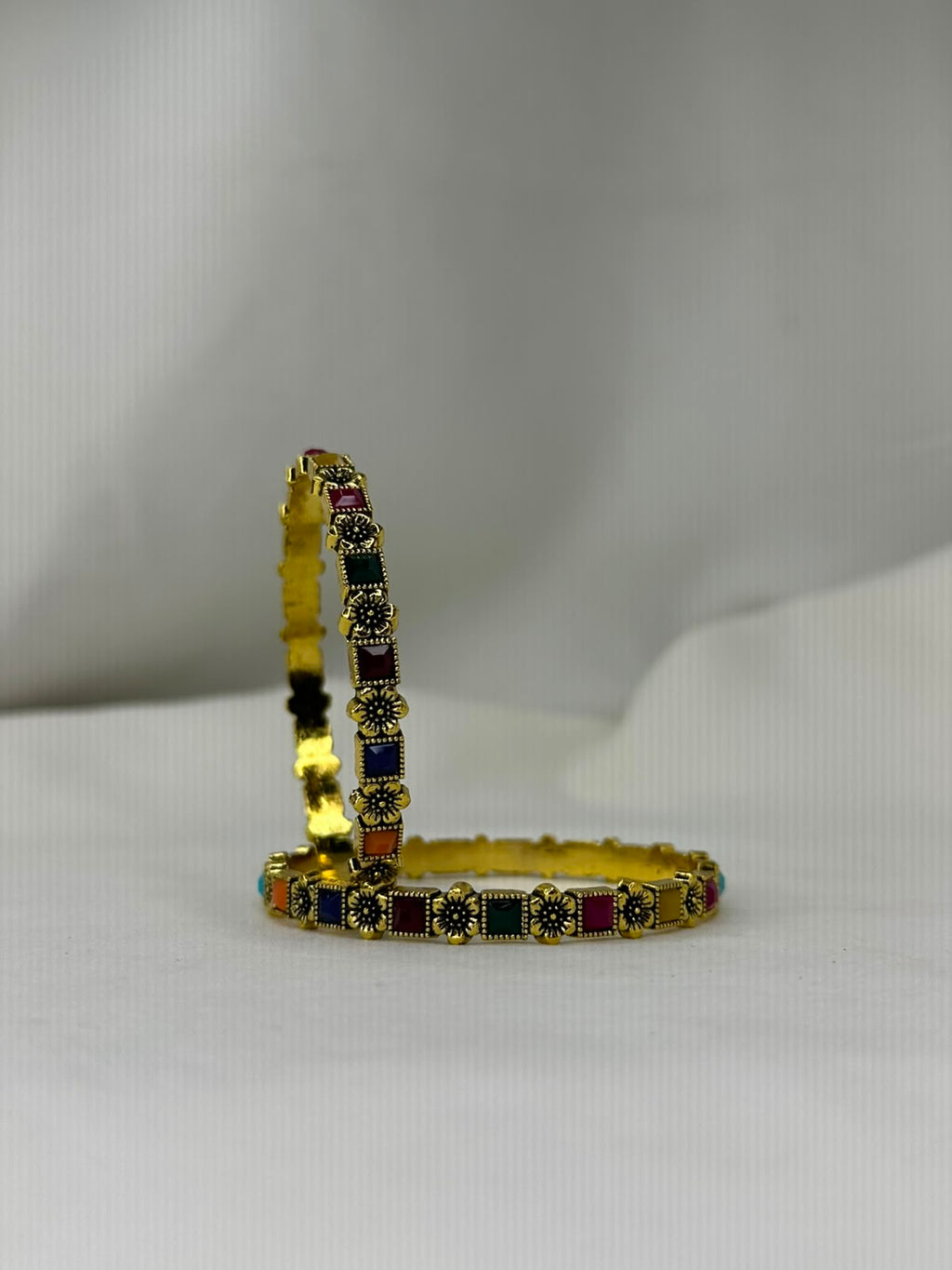 Multicolor Resin Inlaid Antique Gold Bangles or Navratna Style Square Stone Bangles