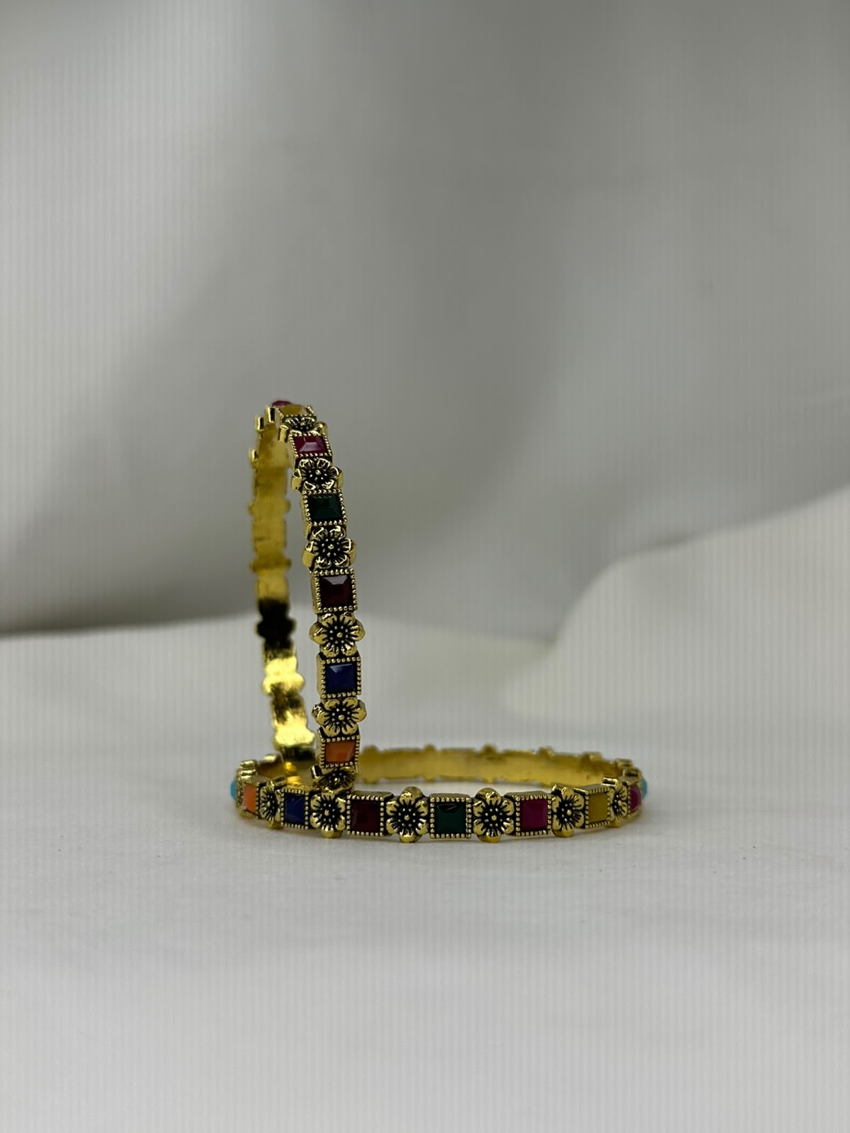 Multicolor Resin Inlaid Antique Gold Bangles or Navratna Style Square Stone Bangles