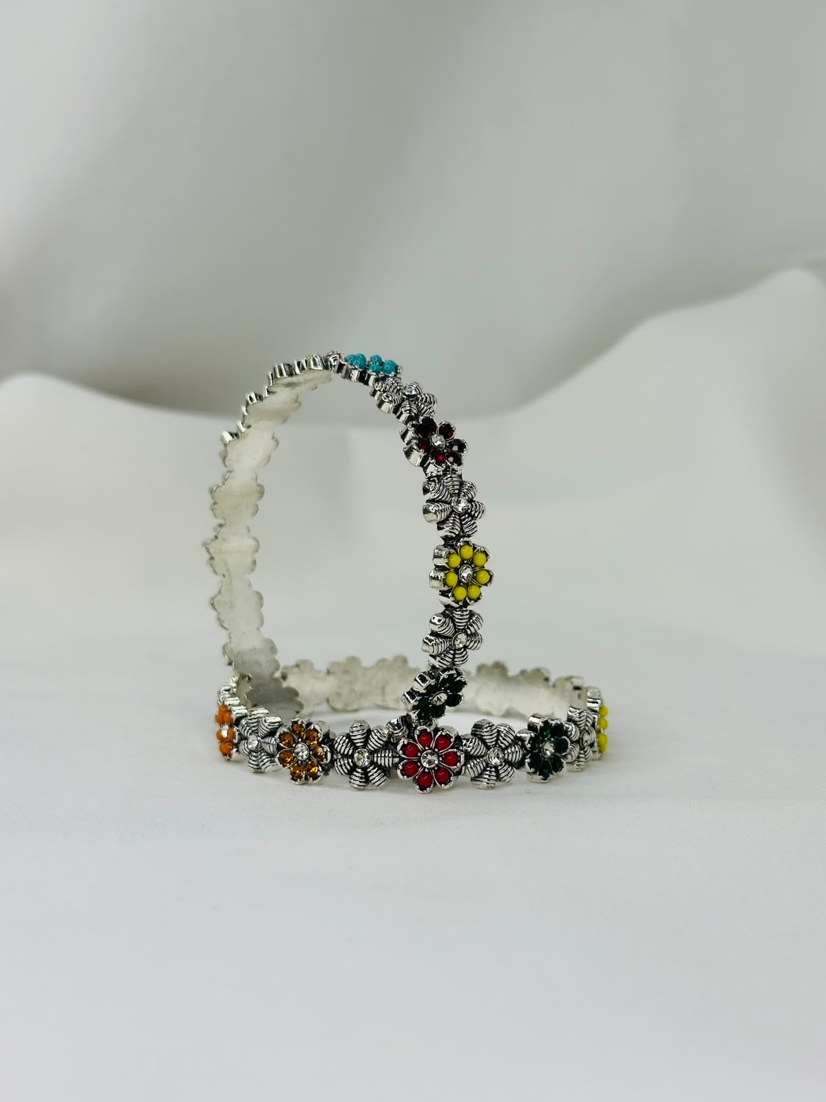 Multicolor Floral Oxidized Golden And Silver Bracelet Set
